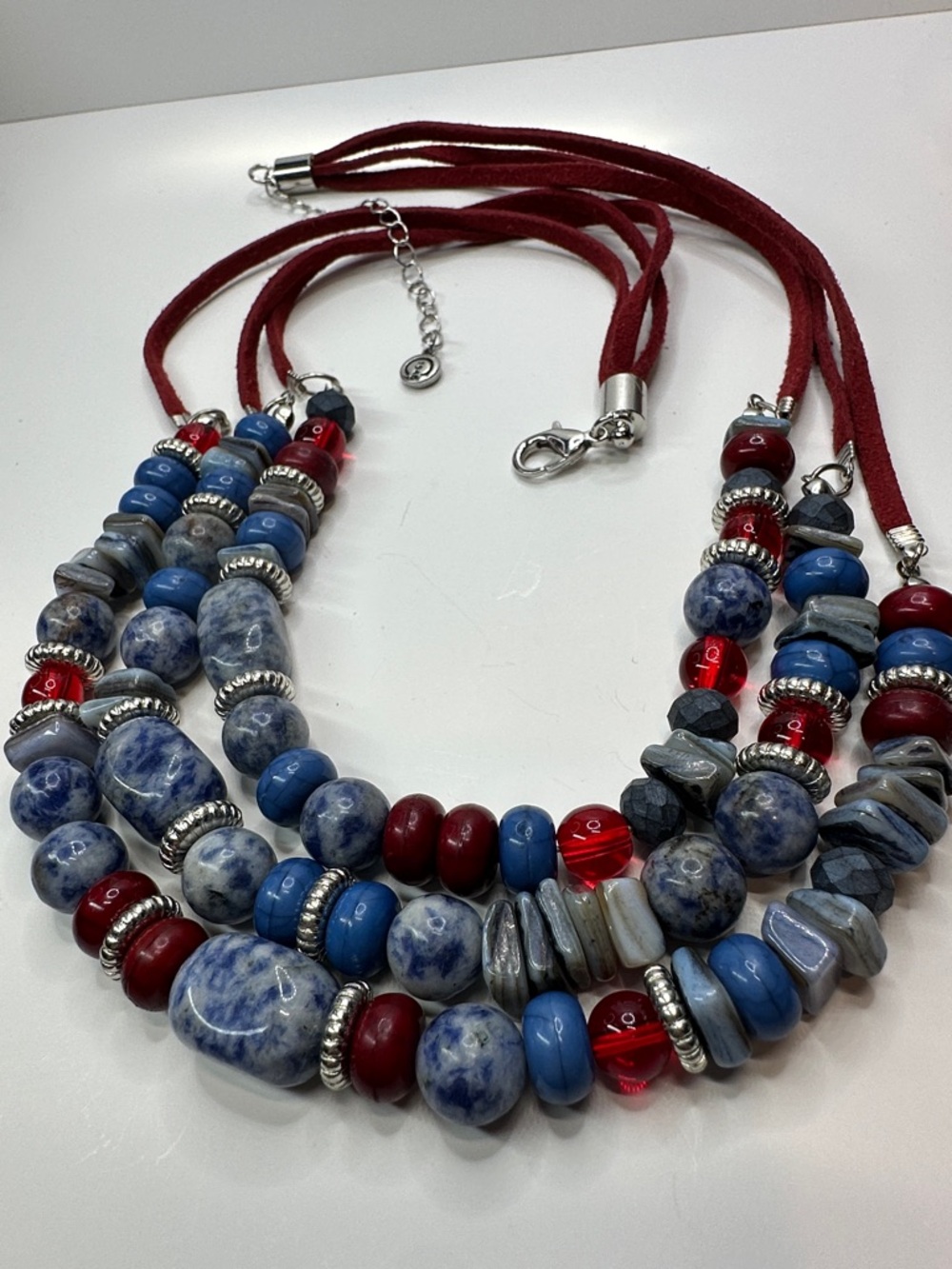 Cato Multi Strand Necklace Bracelet Set Sodalite Shell Red Leather 4th Of July - Picture 2 of 13